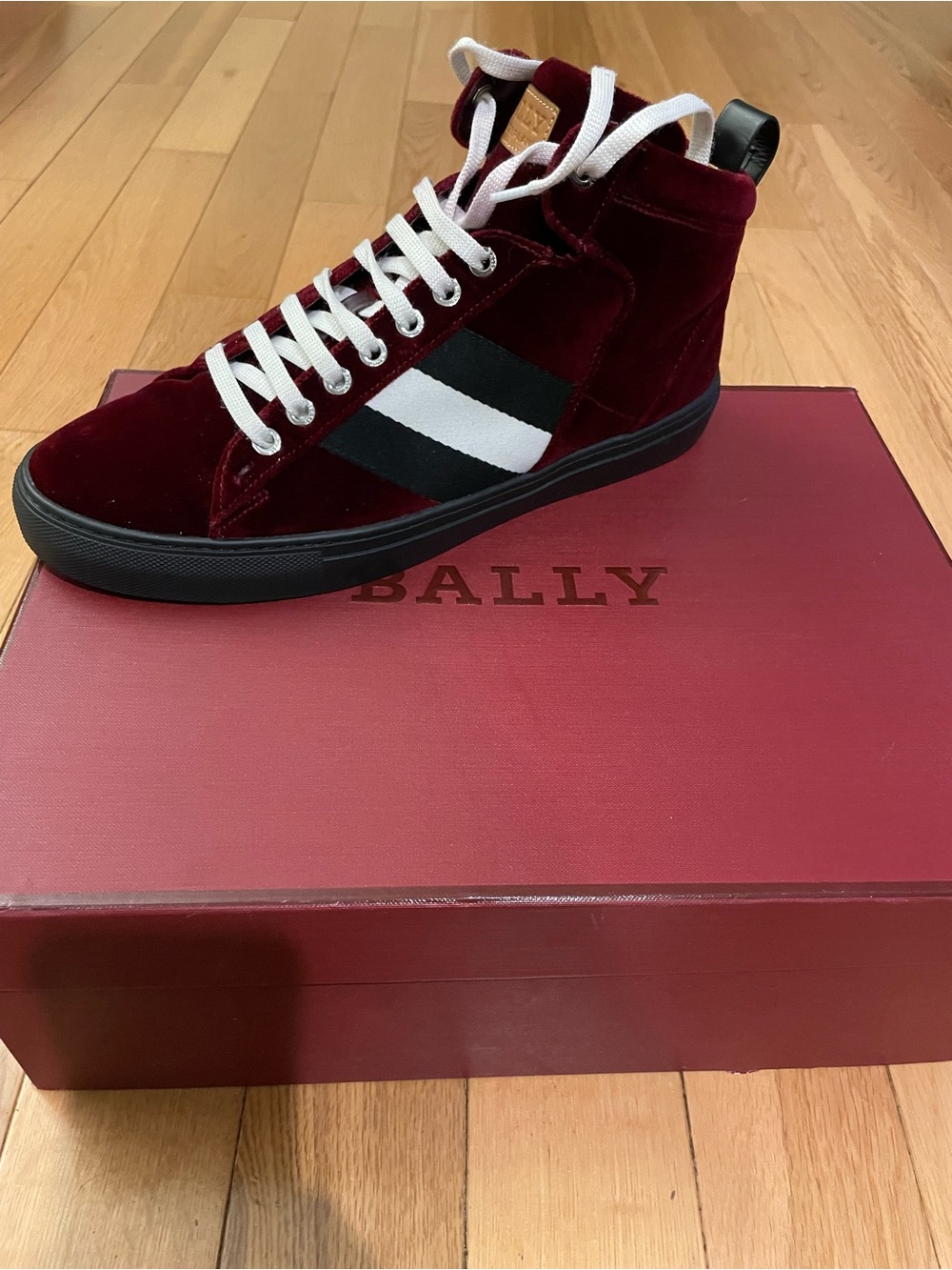 Bally Men's Burgundy Velvet High-Top Sneakers with Black and White Stripe
